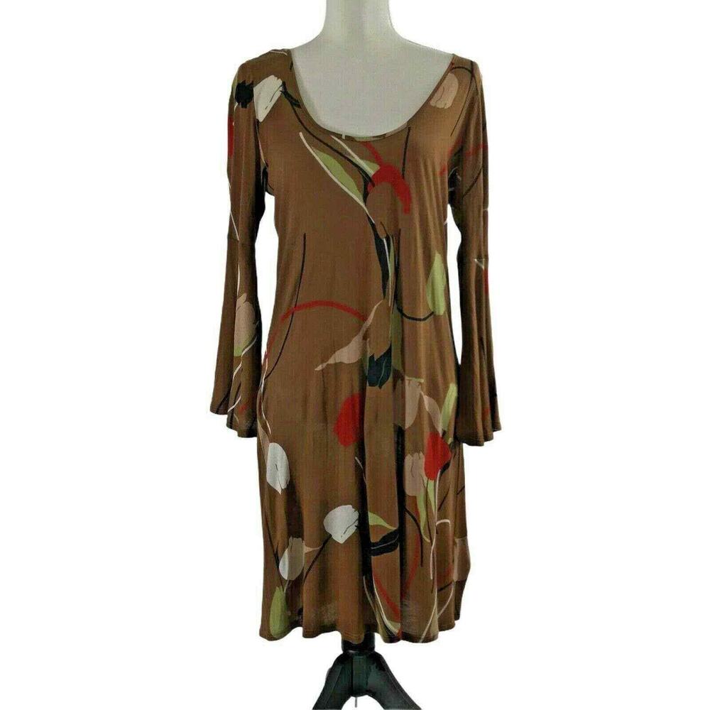 Vintage Womens Dress Size Small Tulip Print Brown Bell Sleeve Open Back